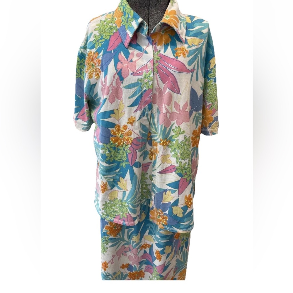 Cotton collection ladies 2 piece jacket‎ & dress size XL-floral Beachy 90s VTG